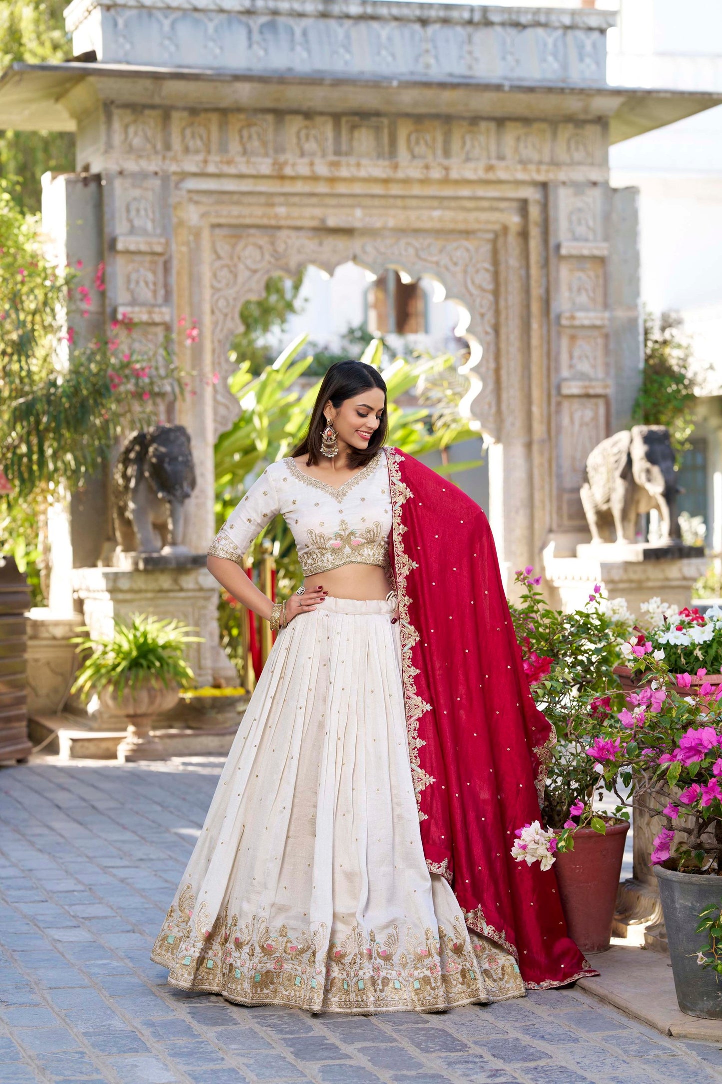 White Vichitra Silk Sequins And Thread Embroidery Work Lehenga