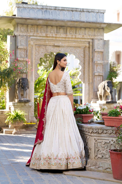 White Vichitra Silk Sequins And Thread Embroidery Work Lehenga