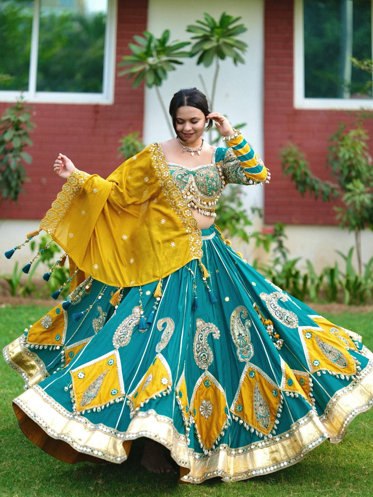 Teal Blue & Mustard Yellow Heavy Muslin Cotton Real Mirror Work With Handmade 8 Mtr Kodi Lace Navratri Chaniya Choli Set