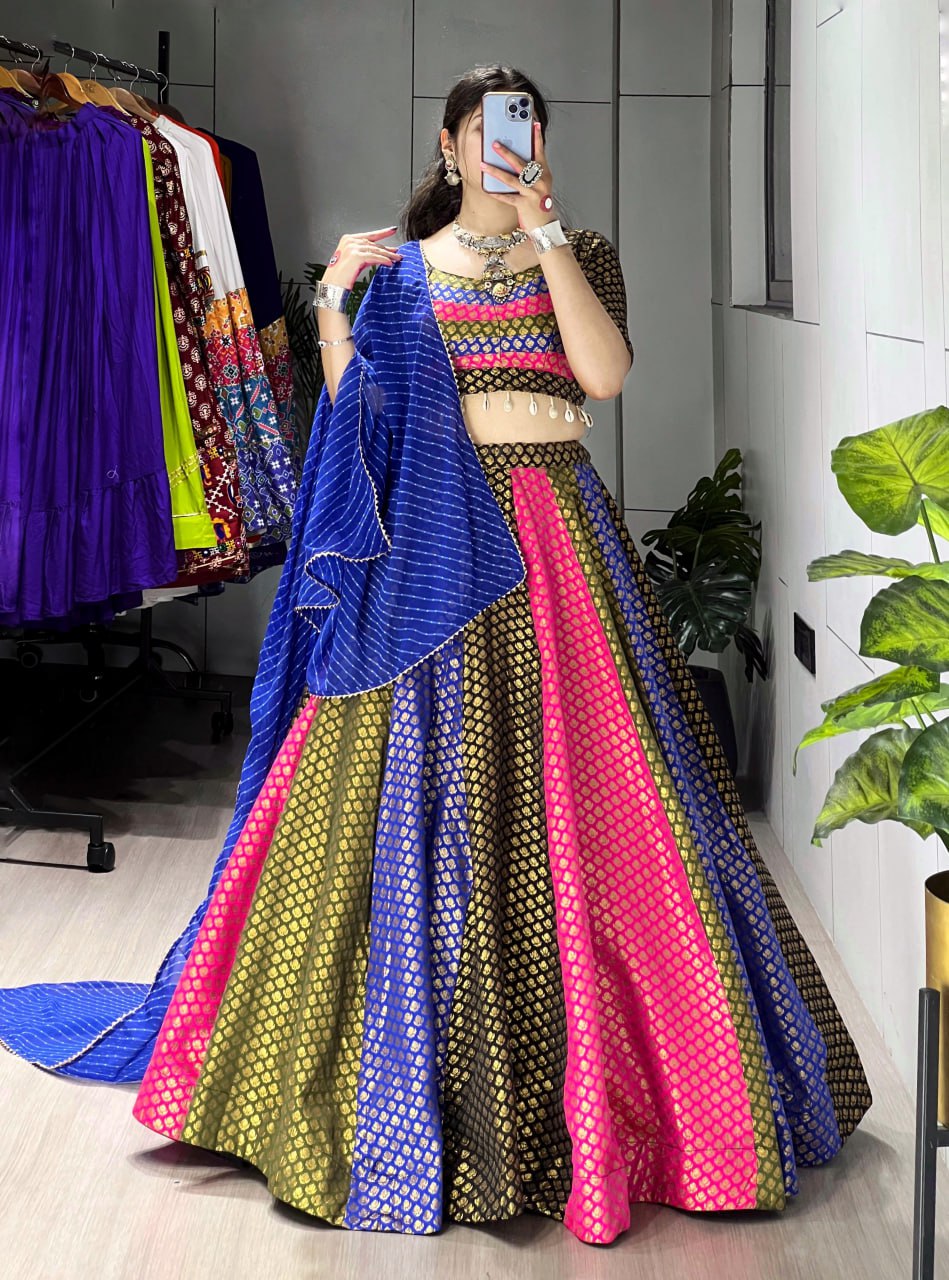 Multicolour kali soft silk Navratri chaniya choli ready to wear with blue leheriya dupatta
