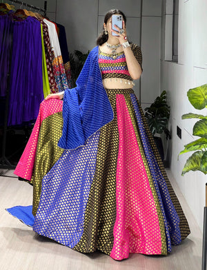 Multicolour 4 kali soft silk Navratri chaniya choli with gold butti weaving and leheriya dupatta
