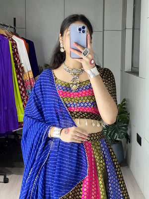 Garba chaniya choli multicolour kali panels with butti weave blouse and kodi tassels
