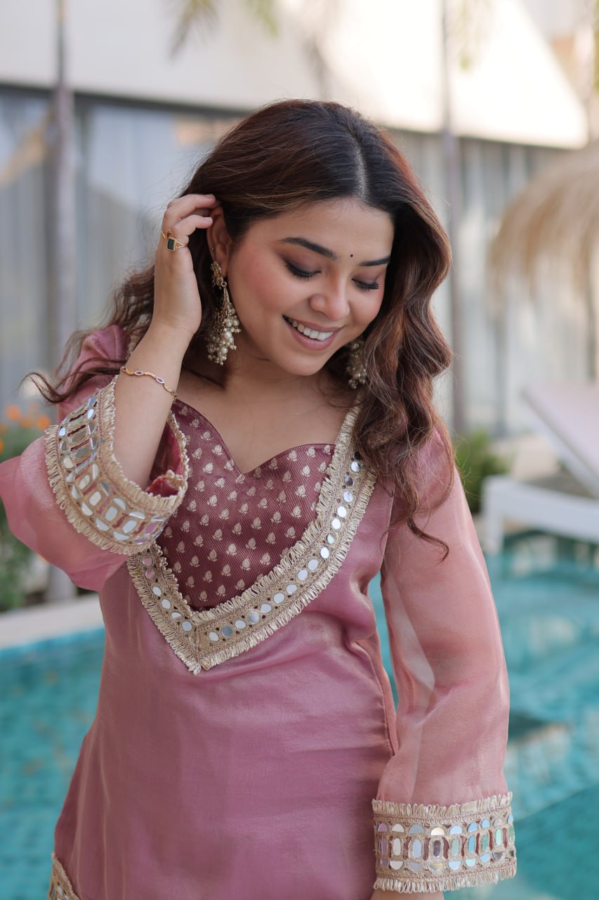 Peach Salasa Fabrics With Mirror Lace Work Salwar Suit