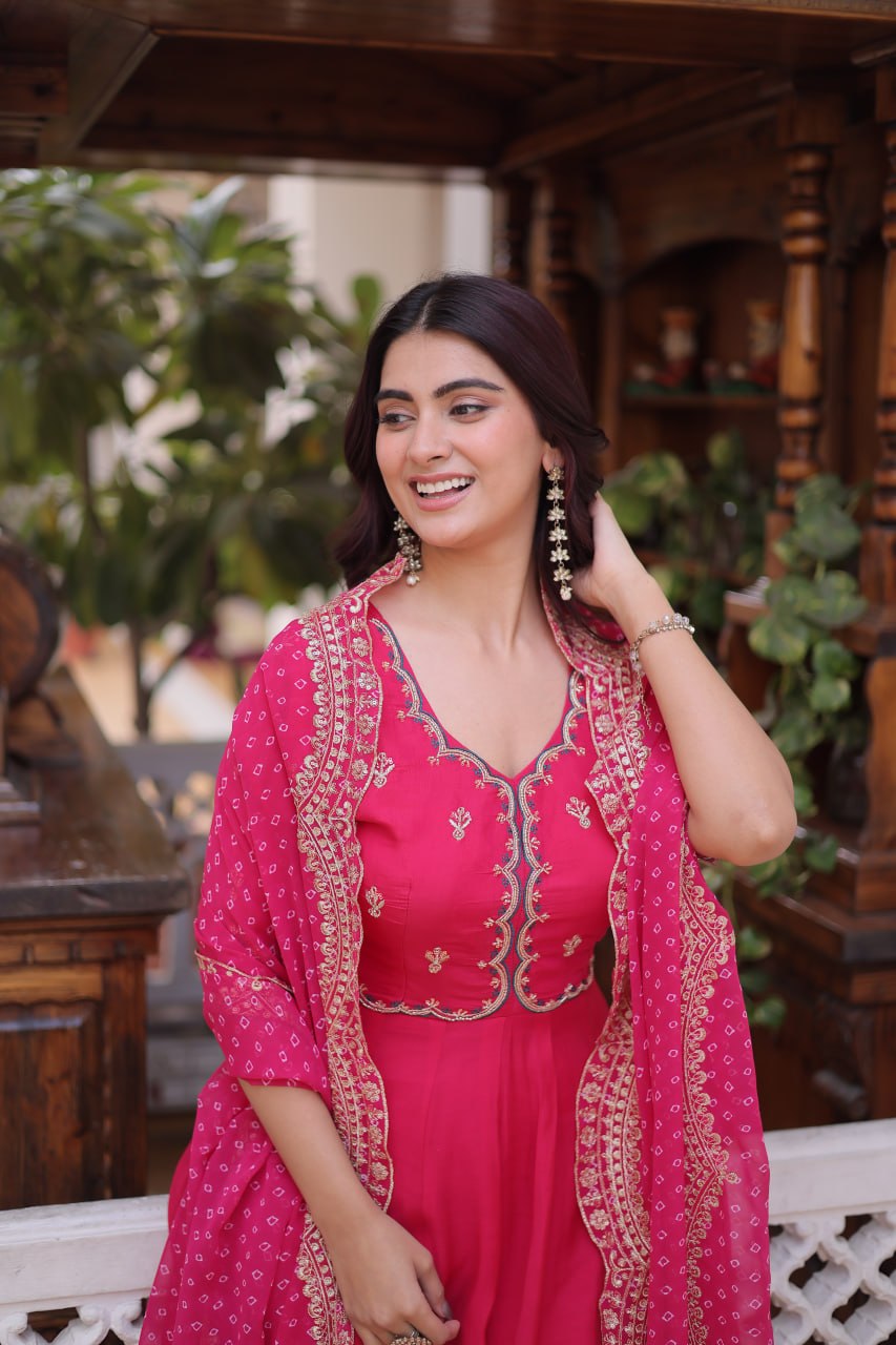 Rani Pink Mal Chanderi Anarkali Suit with Beads & Thread Embroidery