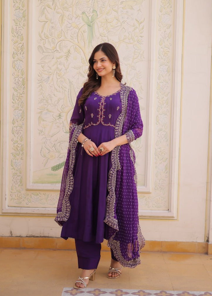 Deep Purple Mal Chanderi Anarkali Suit with gold beads thread embroidery and scalloped dupatta by The Beauty Queen Surat.