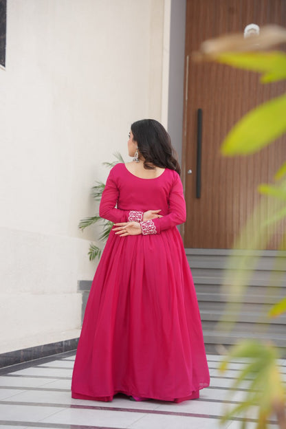 Pink Star Georgette Designer V Neck Sequins Work Gown