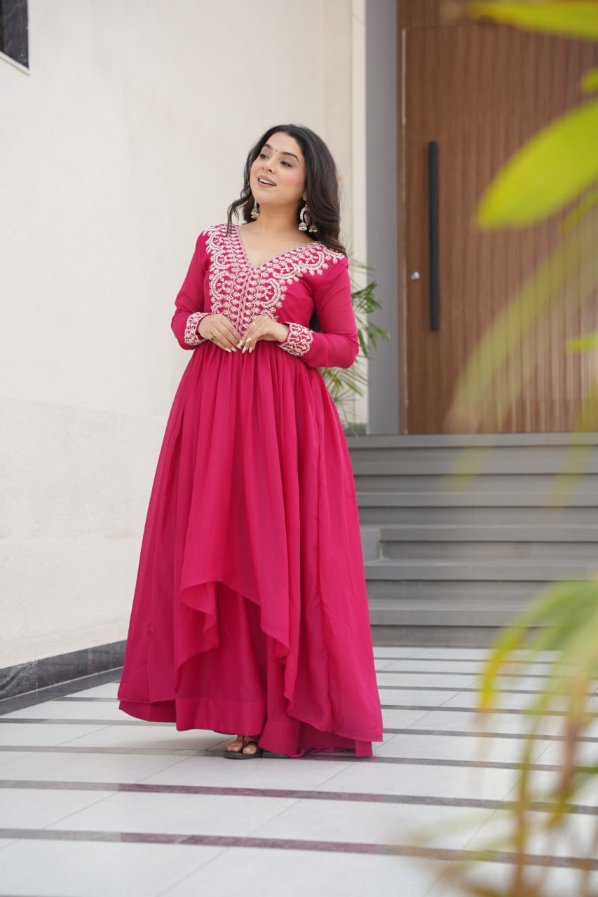 Pink Star Georgette Designer V Neck Sequins Work Gown
