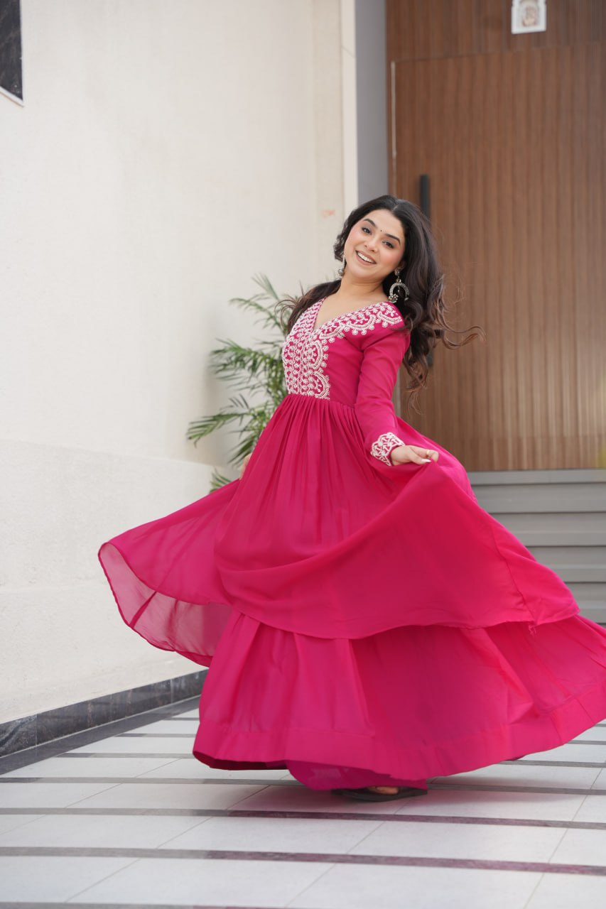 Pink Star Georgette Designer V Neck Sequins Work Gown