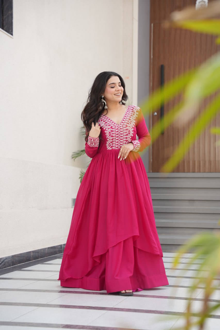 Pink Star Georgette Designer V Neck Sequins Work Gown
