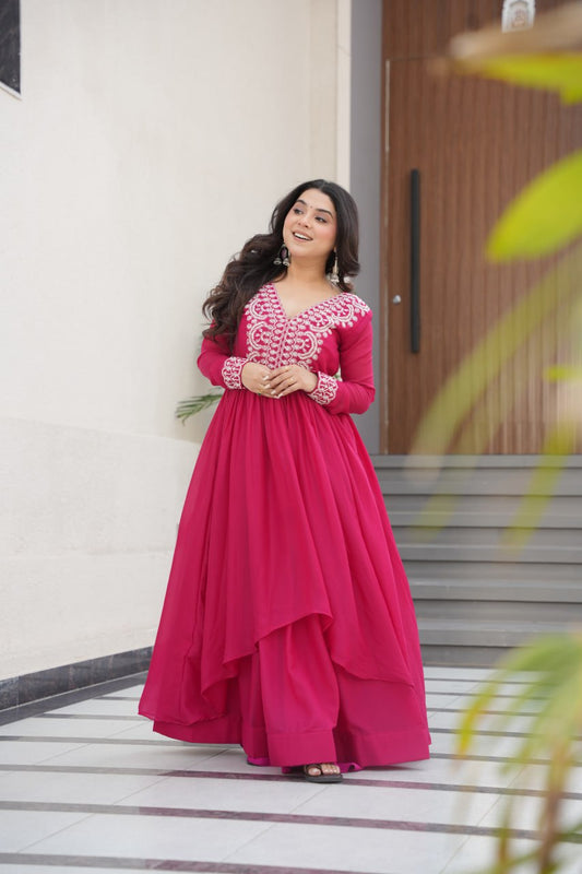 Pink Star Georgette Designer V Neck Sequins Work Gown