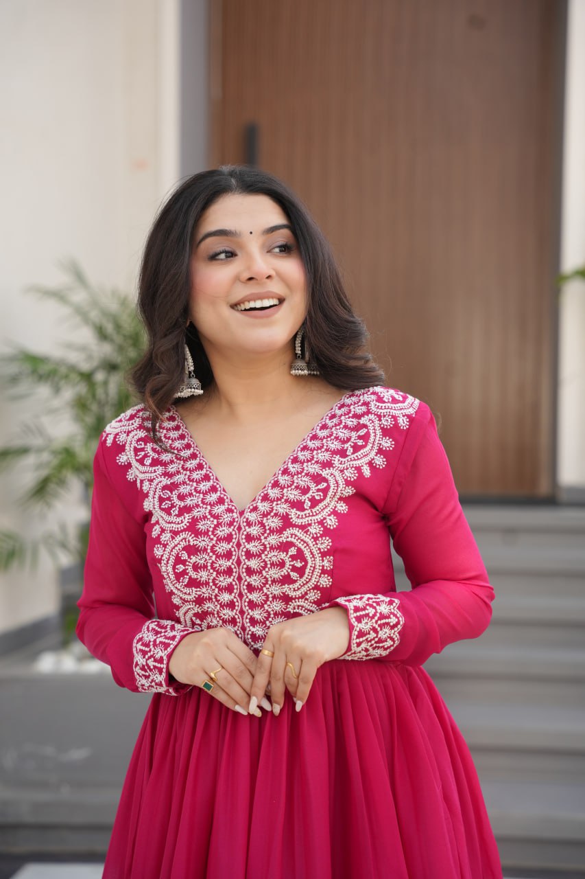 Pink Star Georgette Designer V Neck Sequins Work Gown