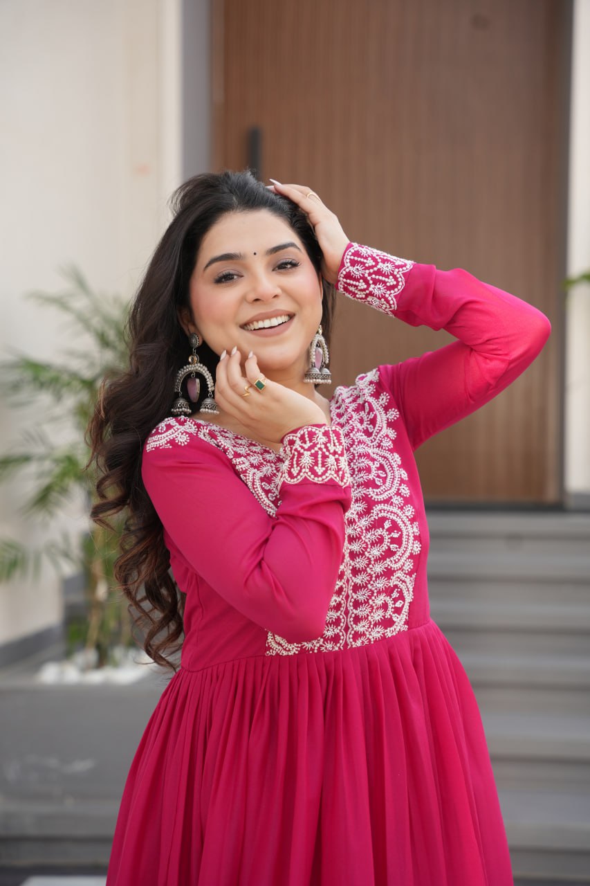 Pink Star Georgette Designer V Neck Sequins Work Gown