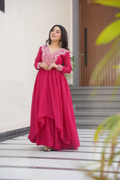 Pink Star Georgette Designer V Neck Sequins Work Gown