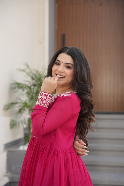 Pink Star Georgette Designer V Neck Sequins Work Gown