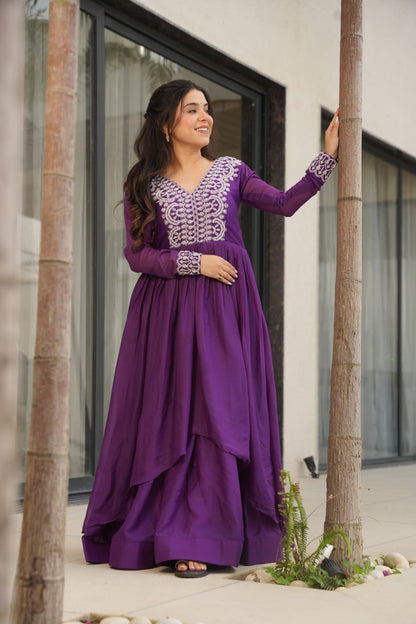 Purple Star Georgette Designer V Neck Sequins Work Gown