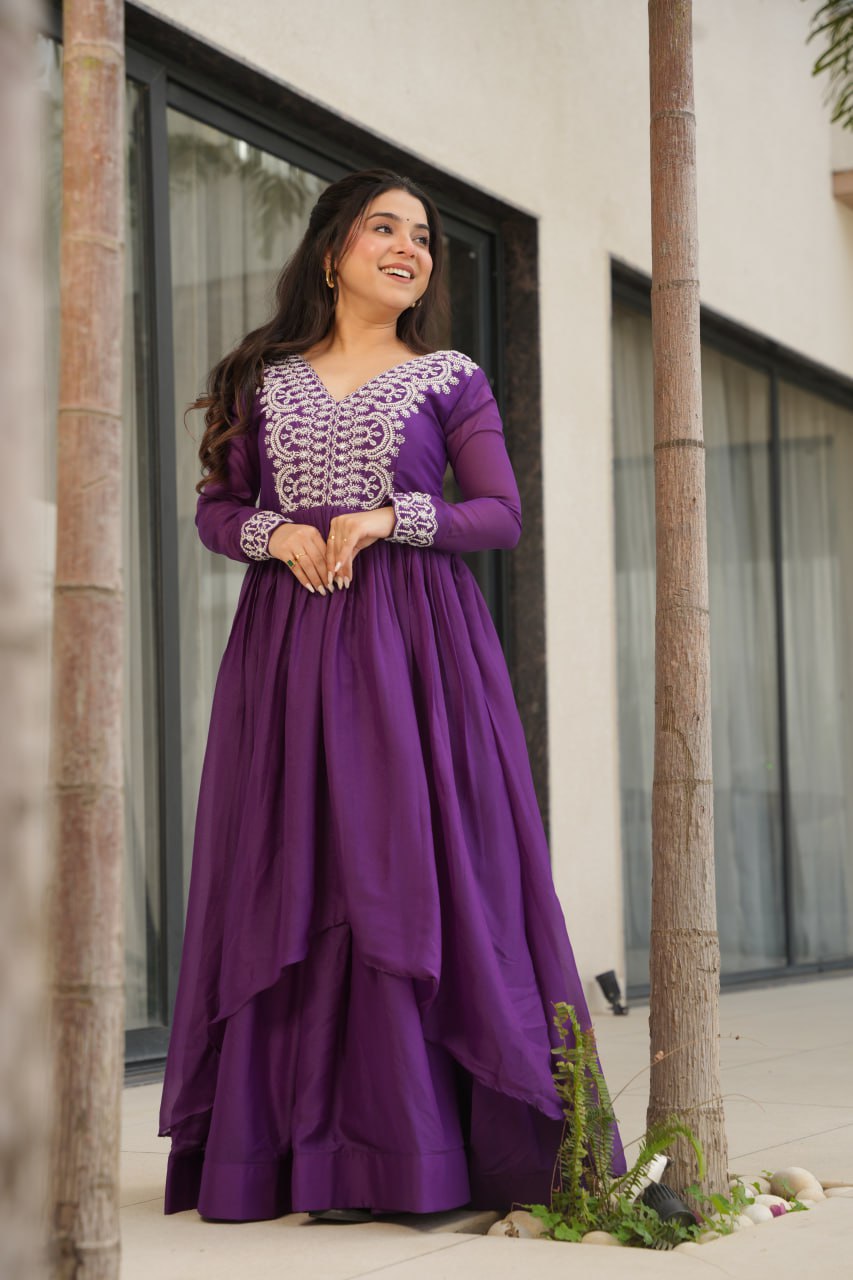 Purple Star Georgette Designer V Neck Sequins Work Gown