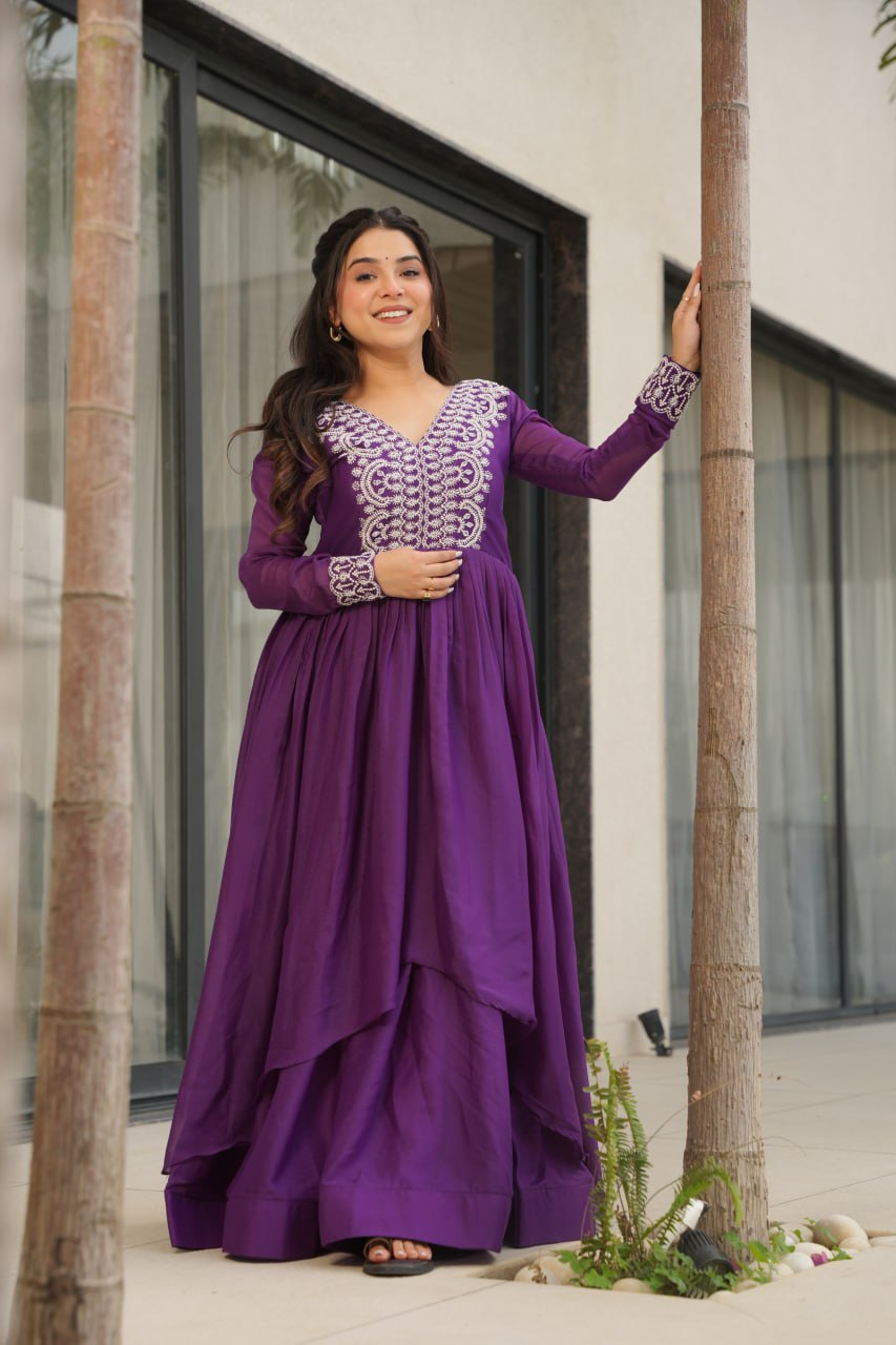 Purple Star Georgette Designer V Neck Sequins Work Gown