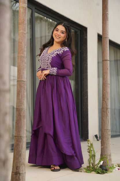 Purple Star Georgette Designer V Neck Sequins Work Gown
