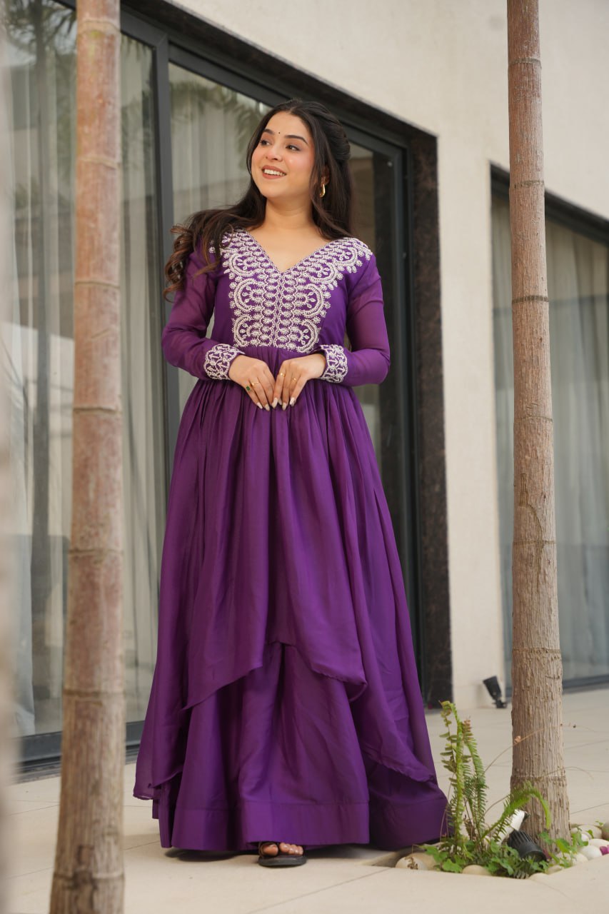 Purple Star Georgette Designer V Neck Sequins Work Gown