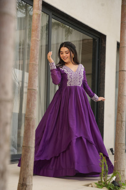 Purple Star Georgette Designer V Neck Sequins Work Gown