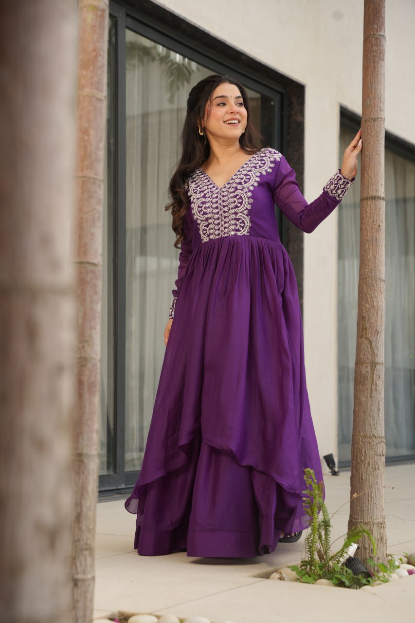 Purple Star Georgette Designer V Neck Sequins Work Gown