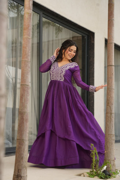 Purple Star Georgette Designer V Neck Sequins Work Gown