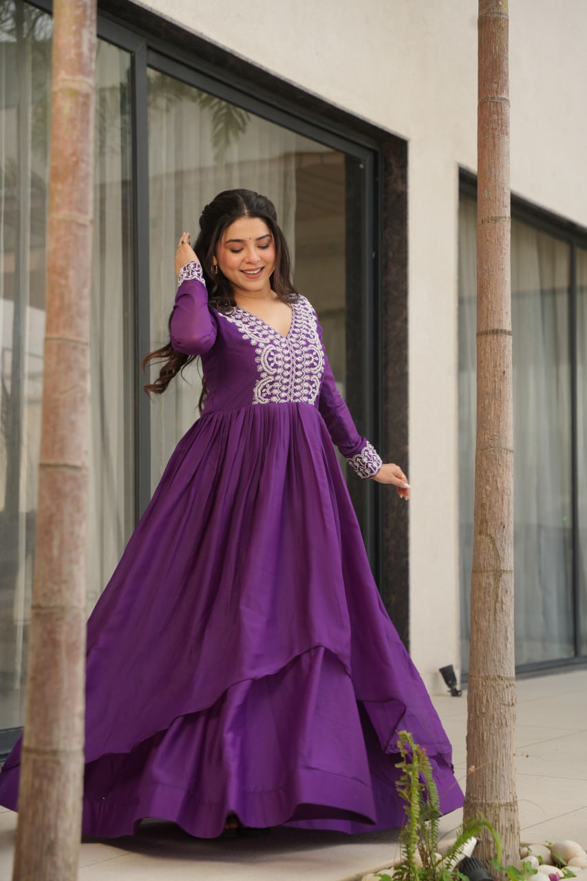 Purple Star Georgette Designer V Neck Sequins Work Gown