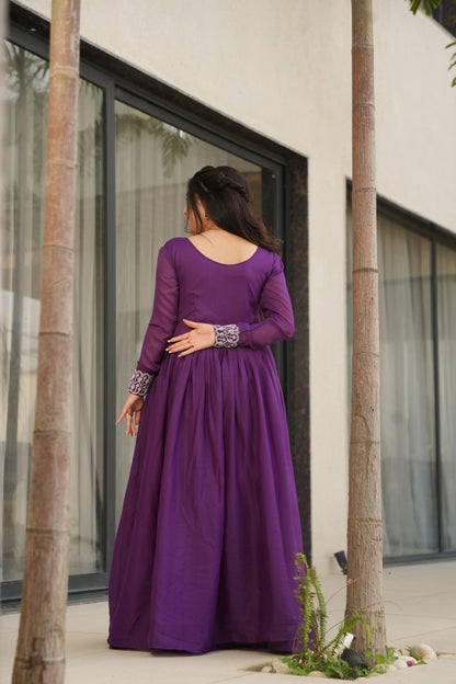 Purple Star Georgette Designer V Neck Sequins Work Gown