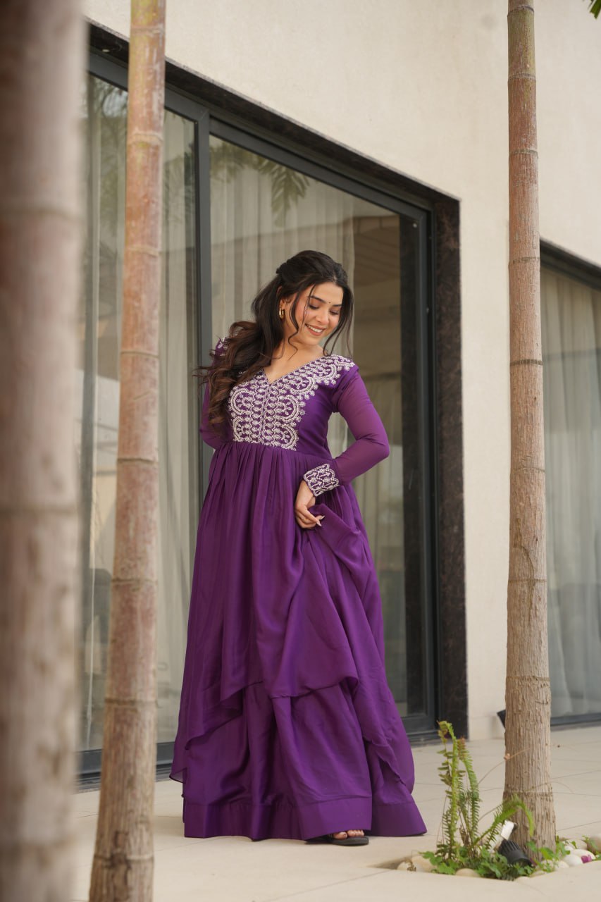 Purple Star Georgette Designer V Neck Sequins Work Gown