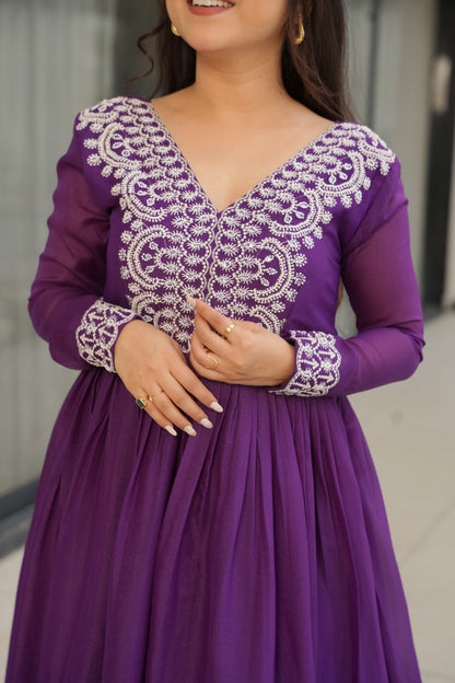 Purple Star Georgette Designer V Neck Sequins Work Gown
