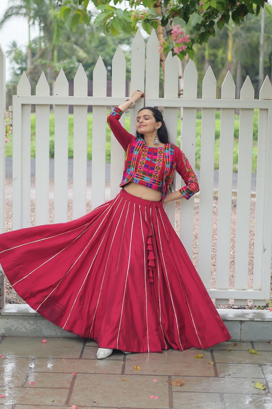 Maroon Roman Fabric With Kutchi Gamthi Embroidered Work Navratri Lehenga Choli