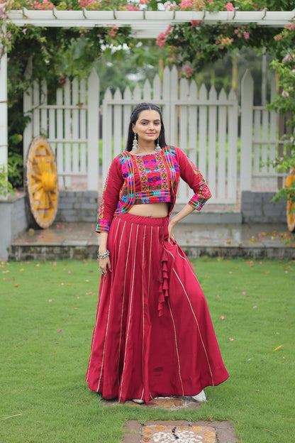 Maroon Roman Fabric With Kutchi Gamthi Embroidered Work Navratri Lehenga Choli