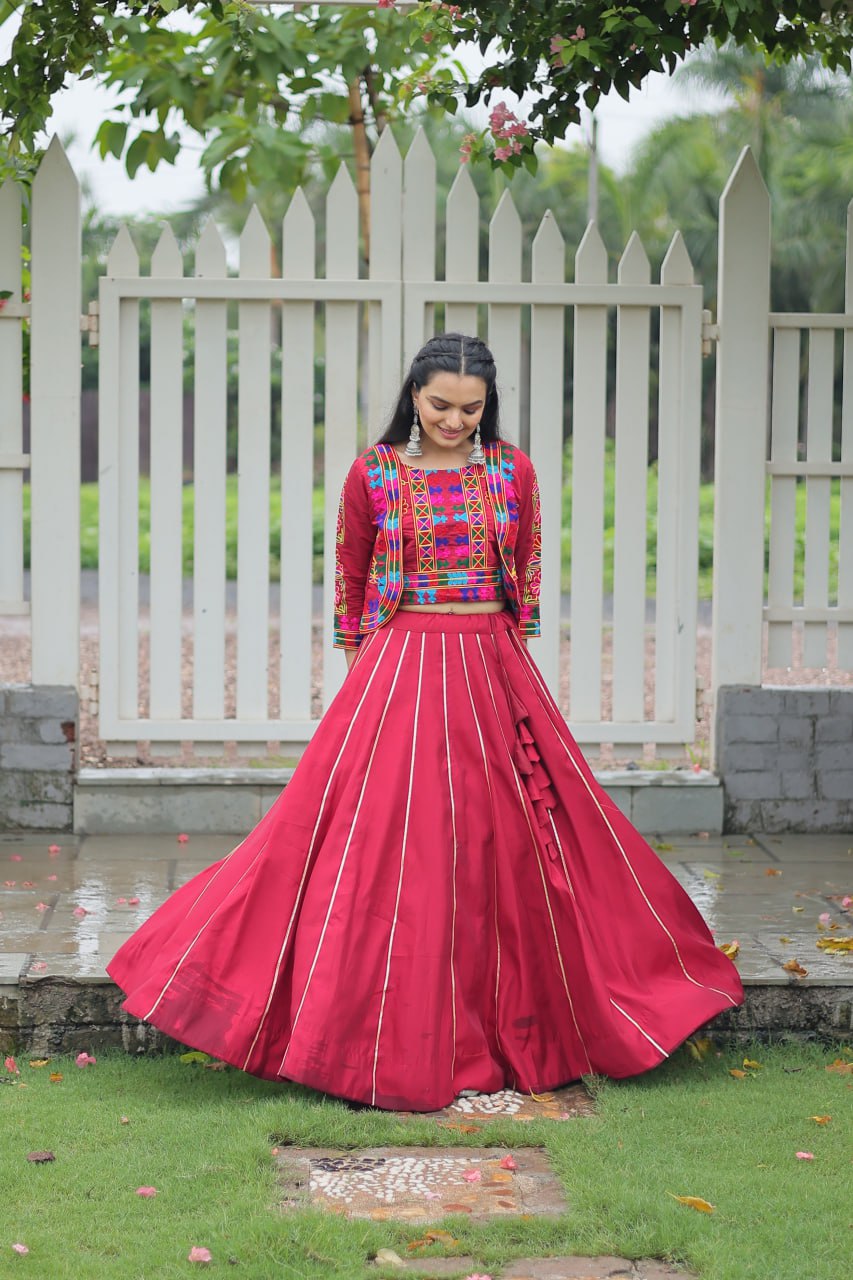 Maroon Roman Fabric With Kutchi Gamthi Embroidered Work Navratri Lehenga Choli