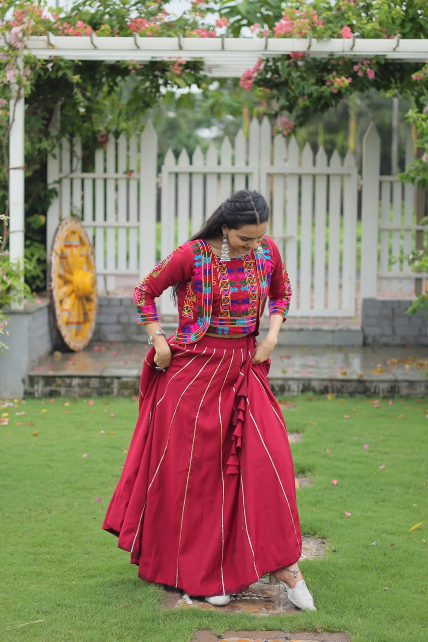 Maroon Roman Fabric With Kutchi Gamthi Embroidered Work Navratri Lehenga Choli