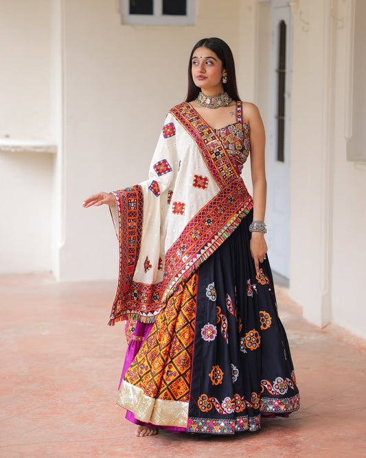 Multicolor Muslin Cotton Real Mirror Work Navratri Lehenga Choli