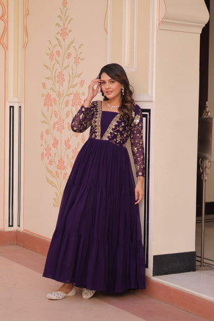 Purple Faux Blooming With Sequins Zari Embroidered Work Gown