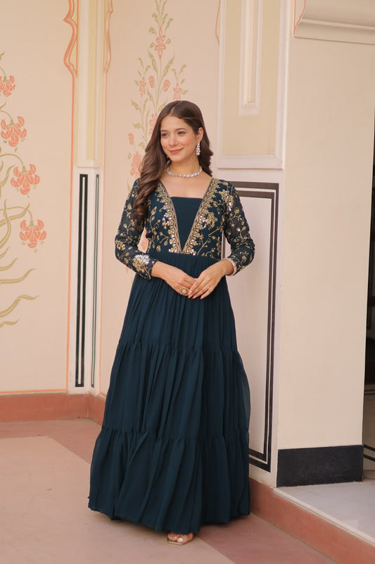 Rama Faux Blooming With Sequins Zari Embroidered Work Gown