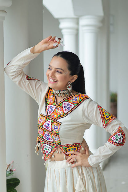White Kora Cotton Kutchi Gamthi Embroidered Work Navratri Lehenga Choli