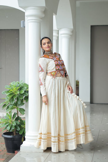 White Kora Cotton Kutchi Gamthi Embroidered Work Navratri Lehenga Choli