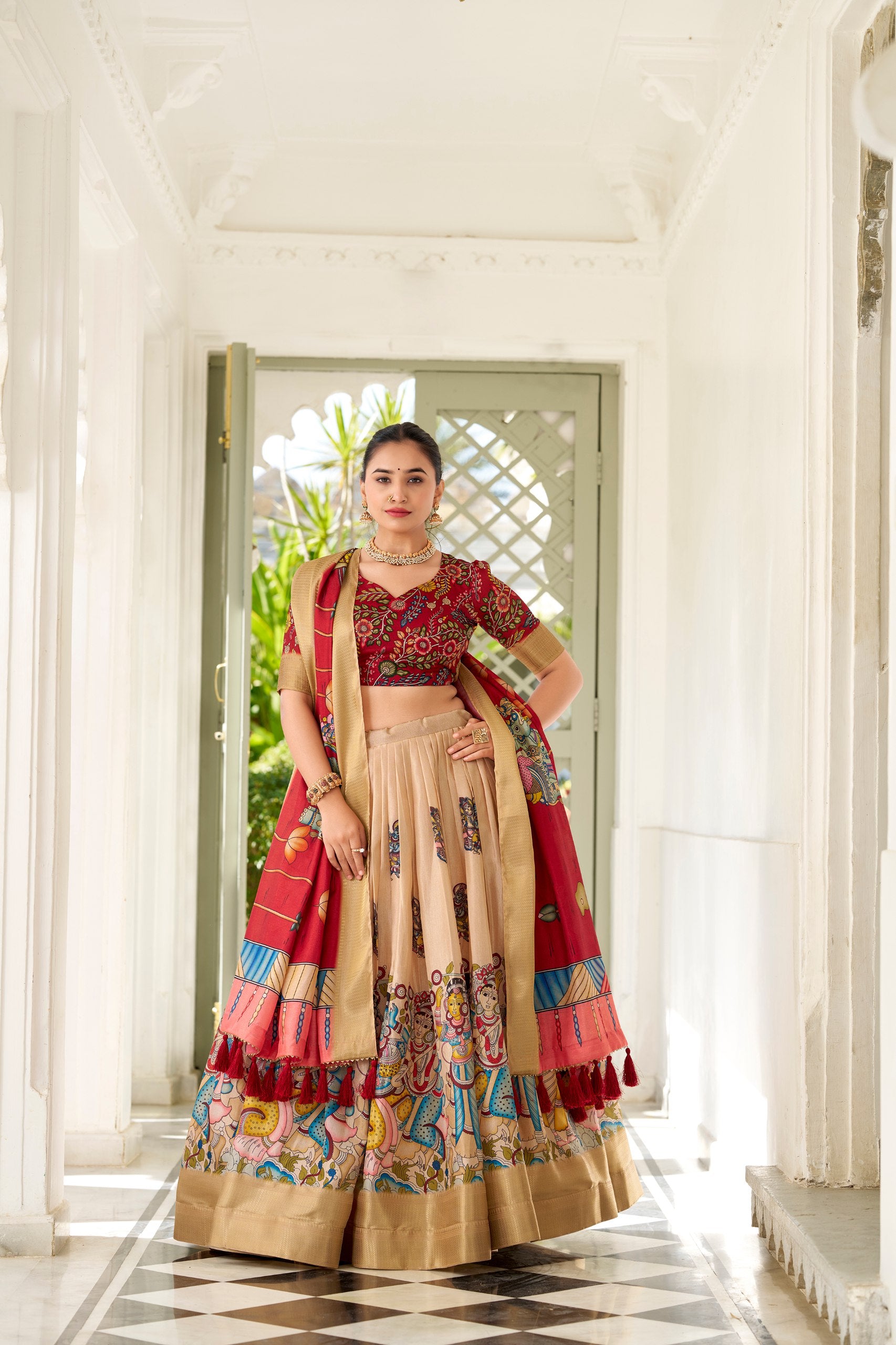 Cream Dola Silk Kalamkari Print With Weaving Border Lehenga Choli