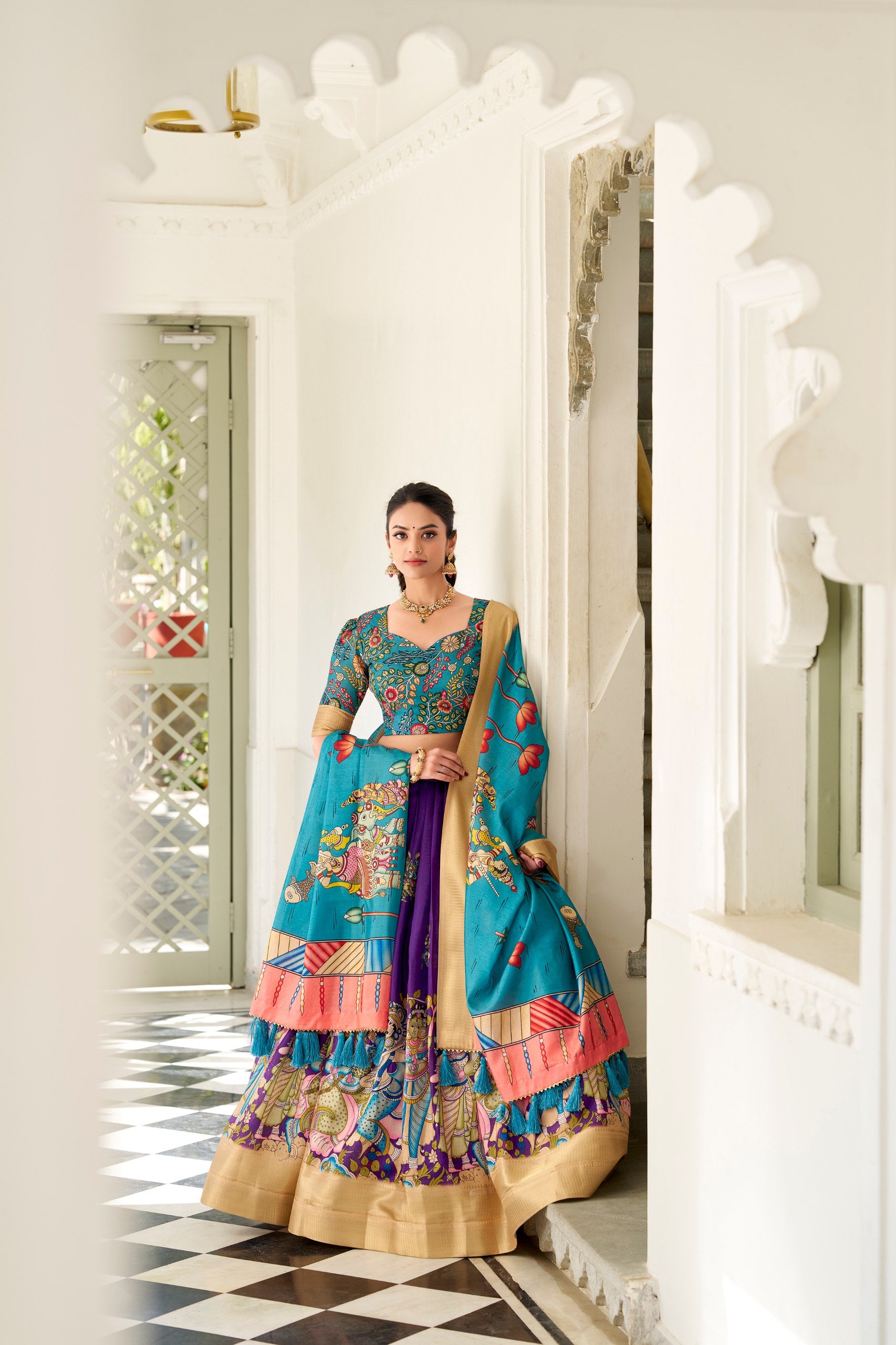 Purple Dola Silk Kalamkari Print With Weaving Border Lehenga Choli