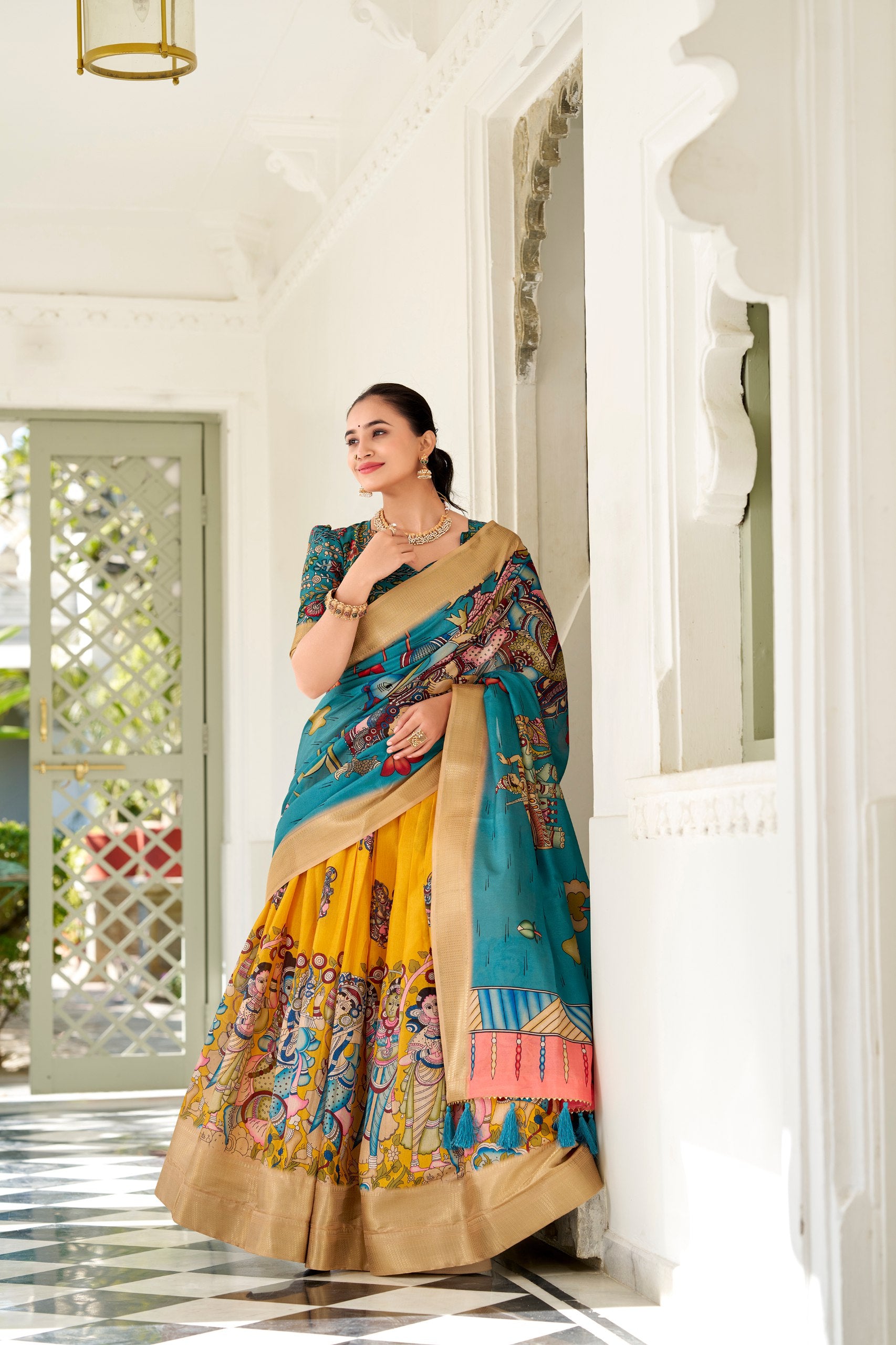 Yellow Dola Silk Kalamkari Print With Weaving Border Lehenga Choli