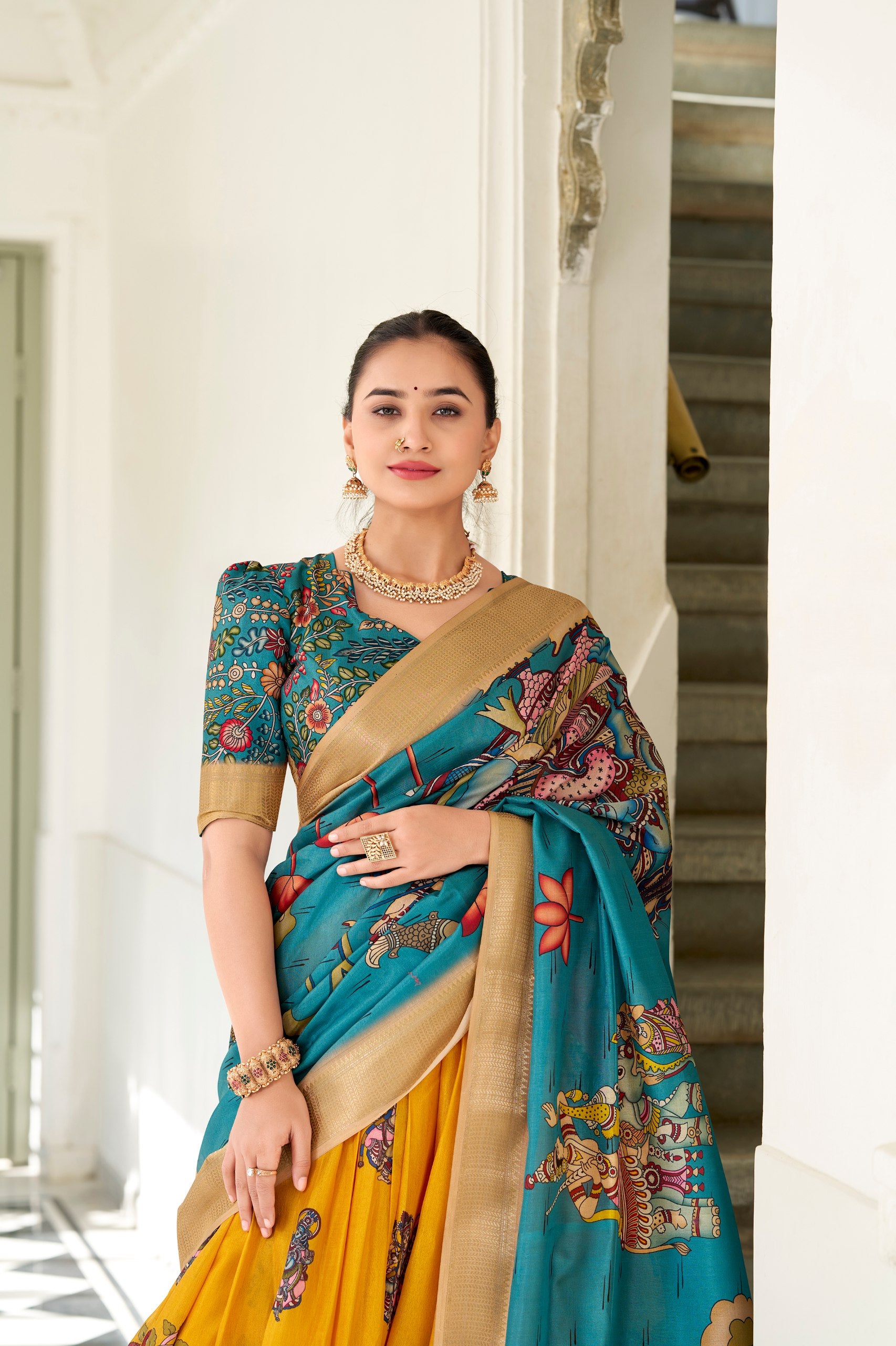 Yellow Dola Silk Kalamkari Print With Weaving Border Lehenga Choli
