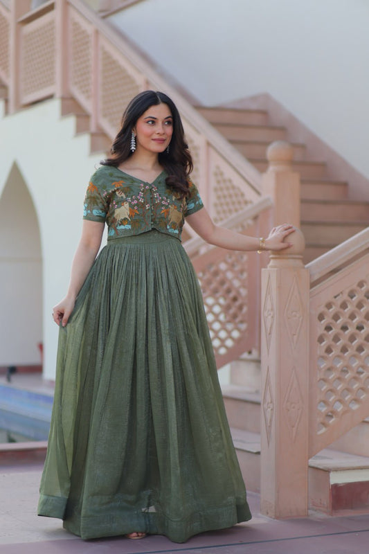 Mehandi Silver Crunchy Fabric Fancy Round Neck Work Gown With Koti
