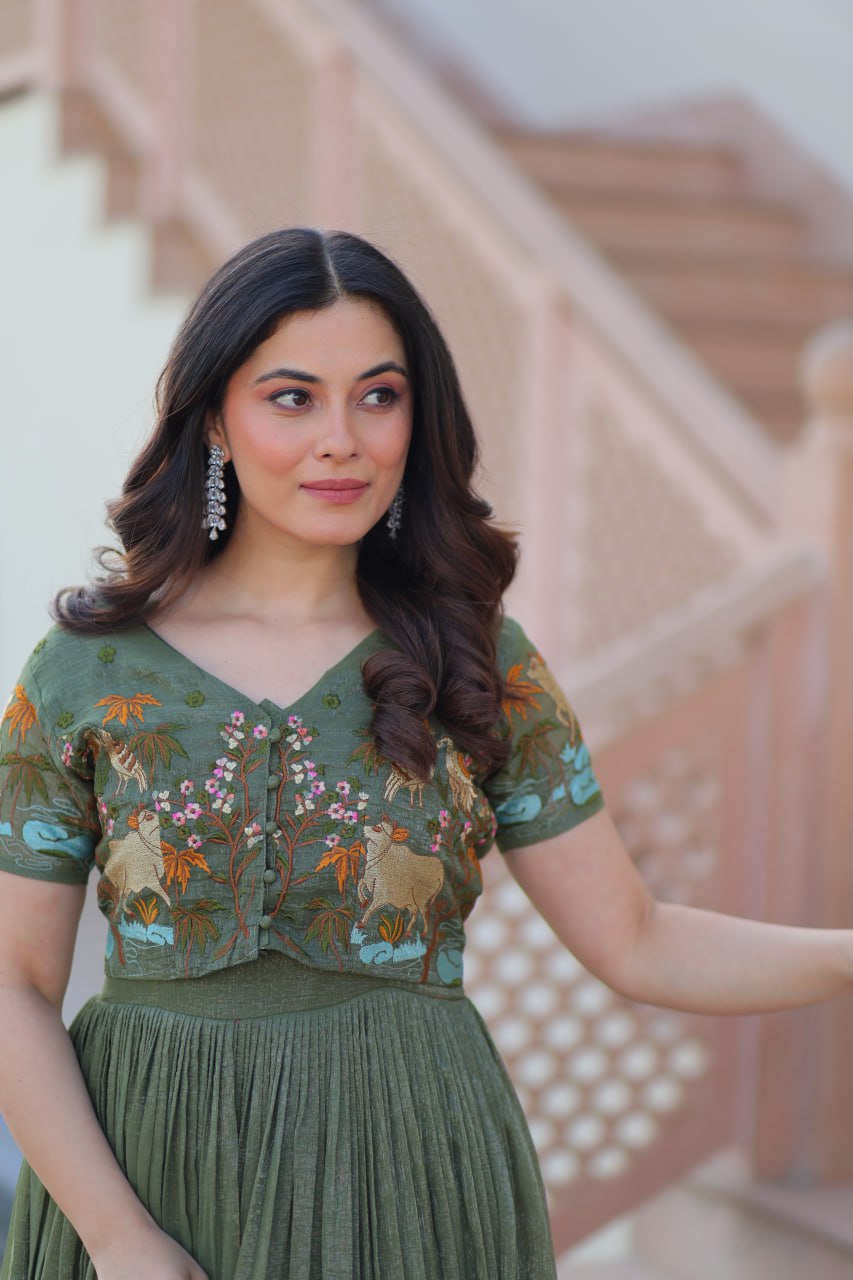 Mehandi Silver Crunchy Fabric Fancy Round Neck Work Gown With Koti