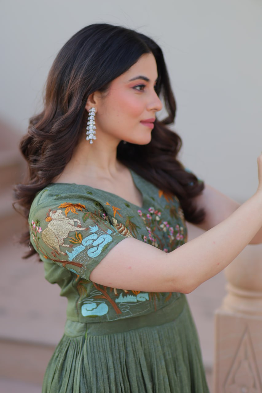 Mehandi Silver Crunchy Fabric Fancy Round Neck Work Gown With Koti