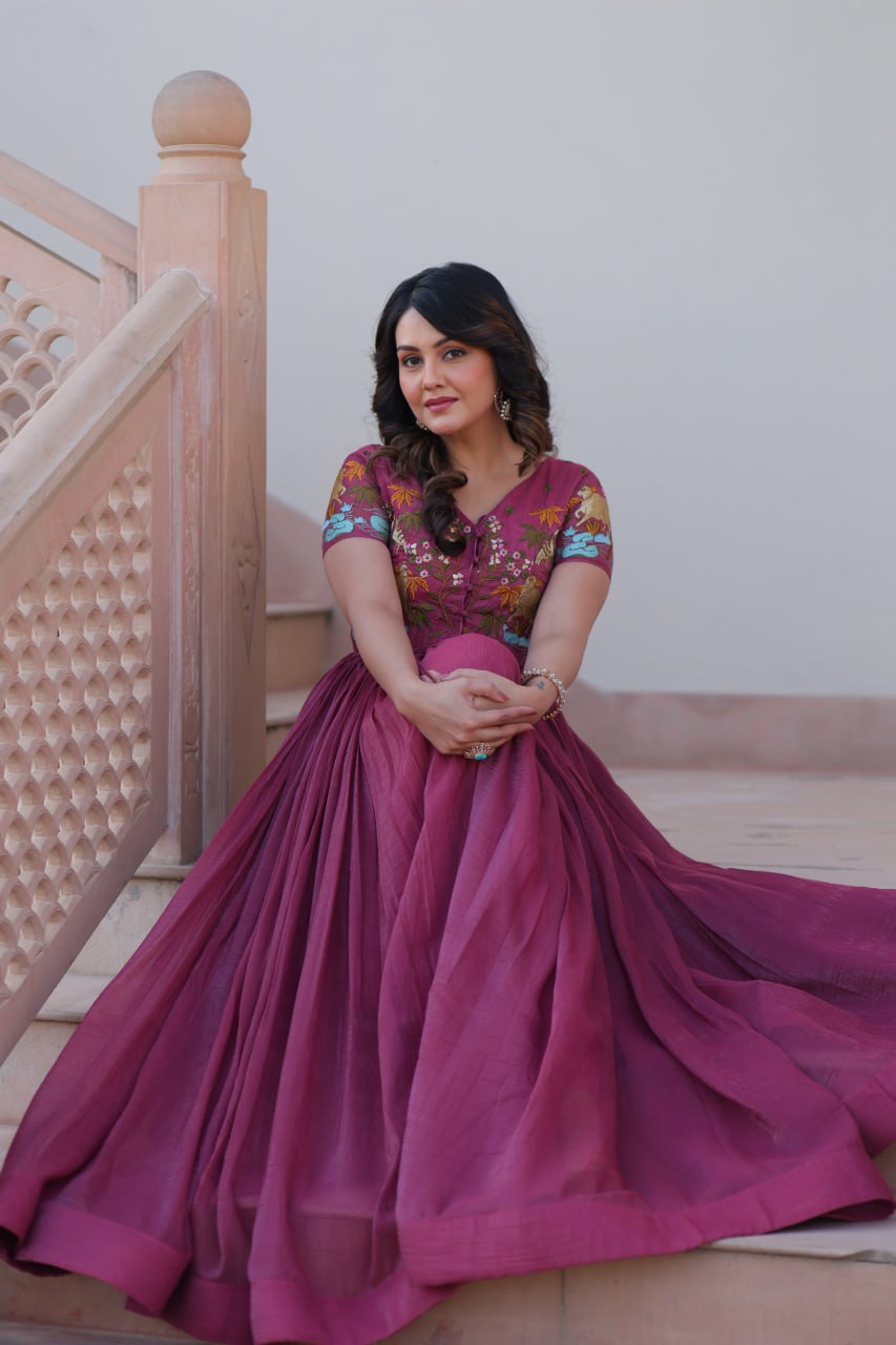 Pink Silver Crunchy Fabric Fancy Round Neck Work Gown With Koti