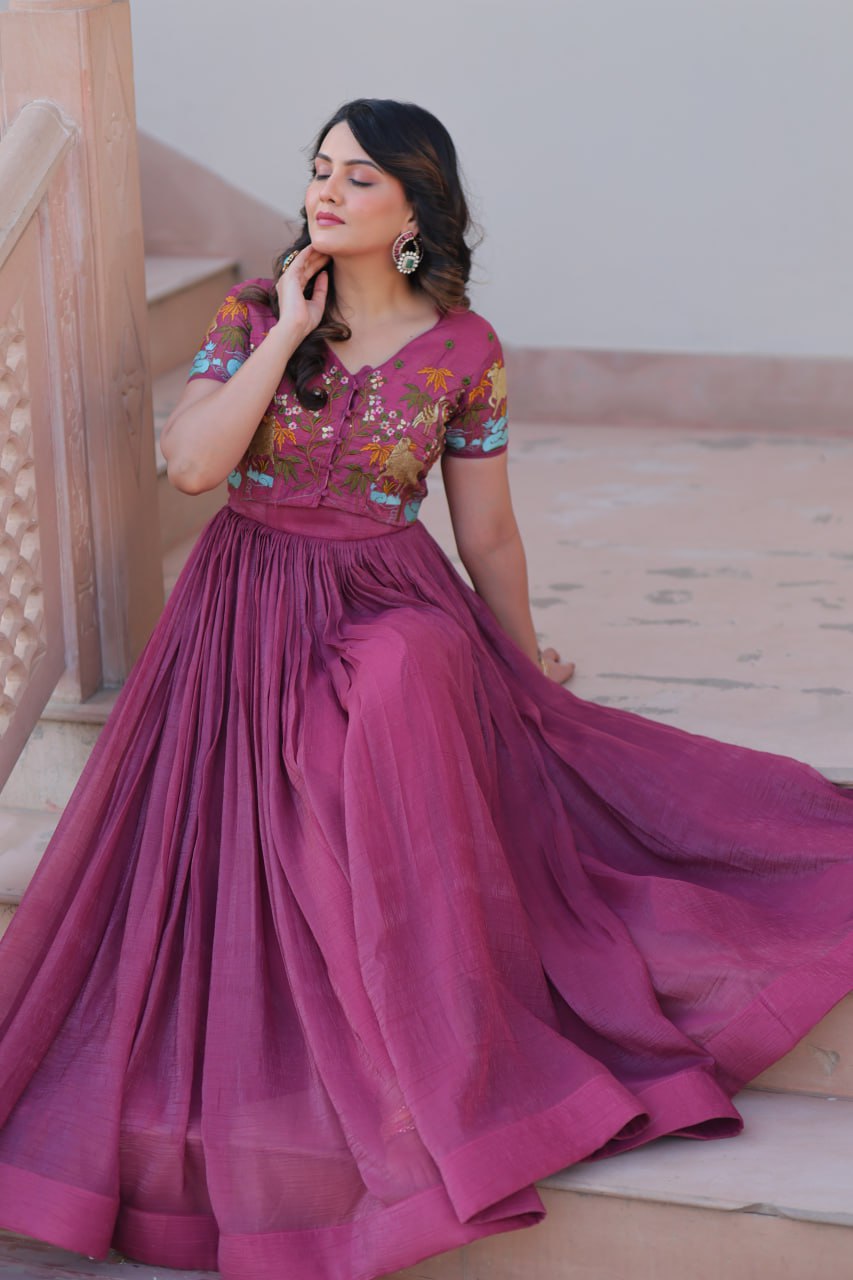 Pink Silver Crunchy Fabric Fancy Round Neck Work Gown With Koti