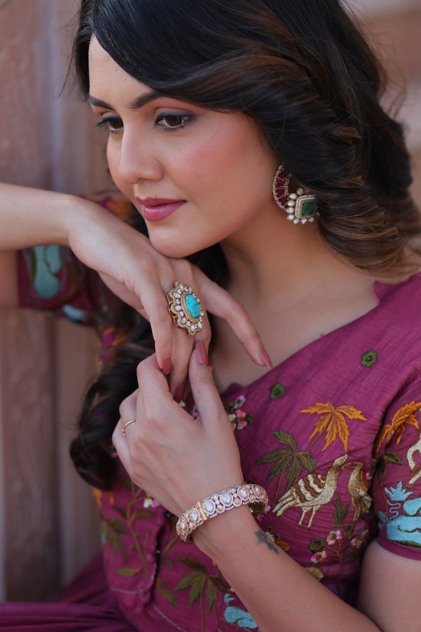 Pink Silver Crunchy Fabric Fancy Round Neck Work Gown With Koti