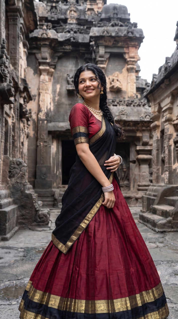 Wine Maroon and Jet Black Kanci Cotton Zari Weaving Work South Indian Half Saree Langa Voni Set flat lay view by The Beauty Queen
